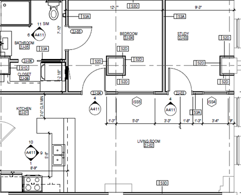 Floor plan for 1 bed, 1 bath, 834 sqft